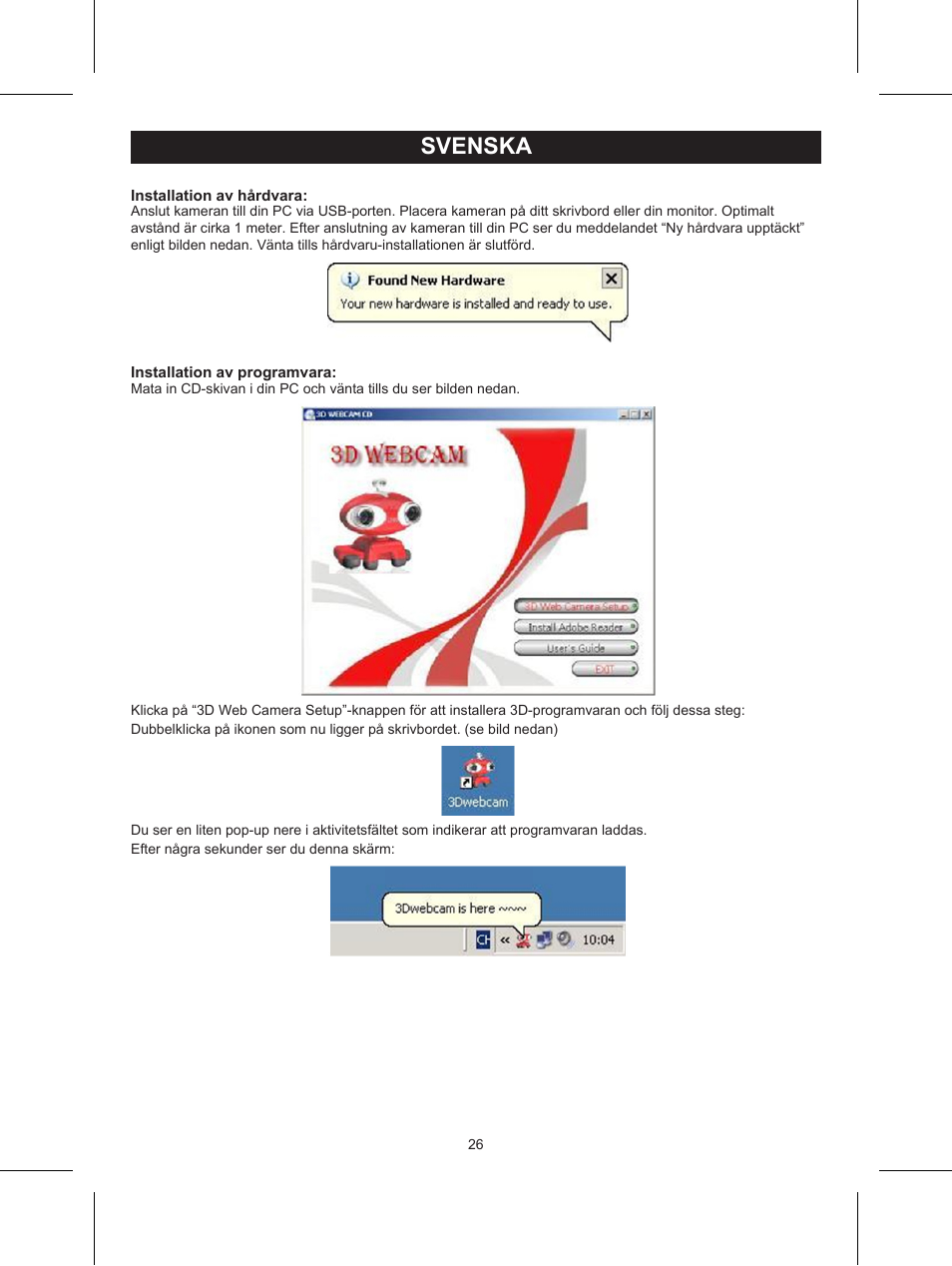 Svenska, Bruksanvisning (s. 26), 3d webcam med 3d-glasögon | Konig Electronic USB 2.0 3D webcam User Manual | Page 26 / 44