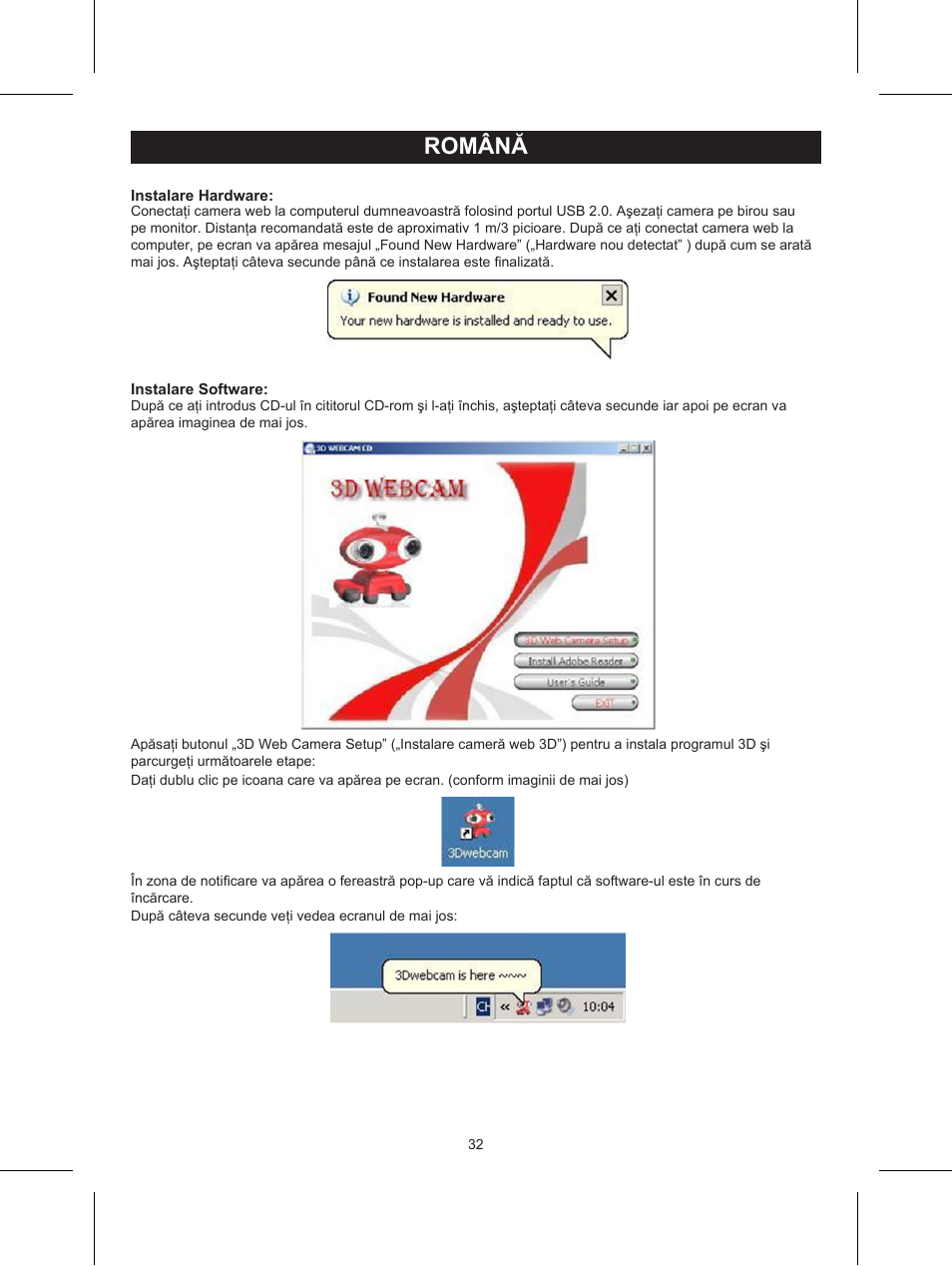 Română, Manual de utilizare (p. 32), Cameră web 3d cu ochelari 3d | Konig Electronic USB 2.0 3D webcam User Manual | Page 32 / 44
