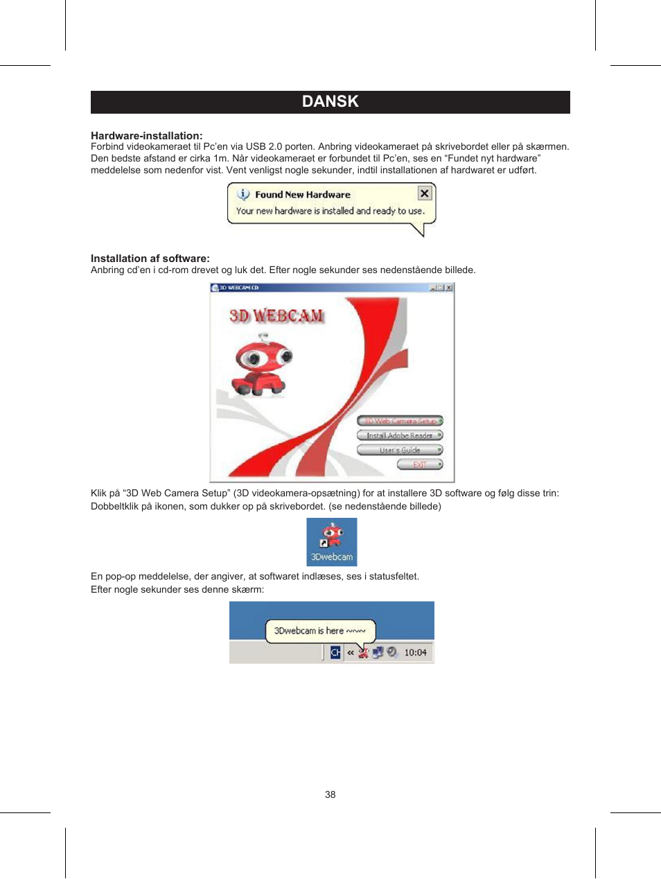 Dansk, Brugervejledning (p. 38), 3d videokamera med 3d linse | Konig Electronic USB 2.0 3D webcam User Manual | Page 38 / 44