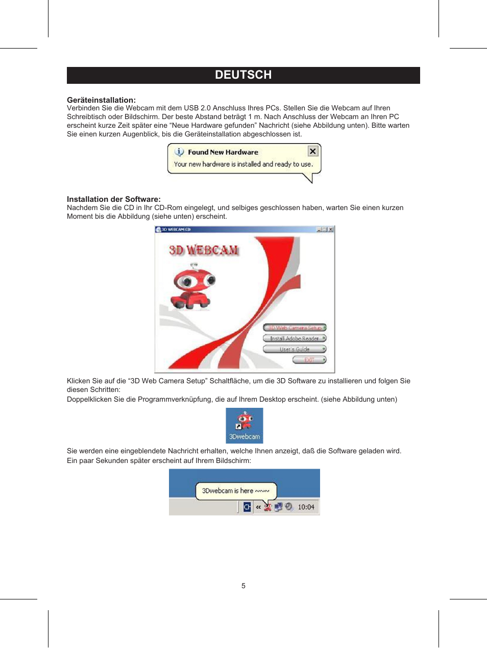 Deutsch, Anleitung (s. 5), 3d webcam mit 3d brille | Konig Electronic USB 2.0 3D webcam User Manual | Page 5 / 44