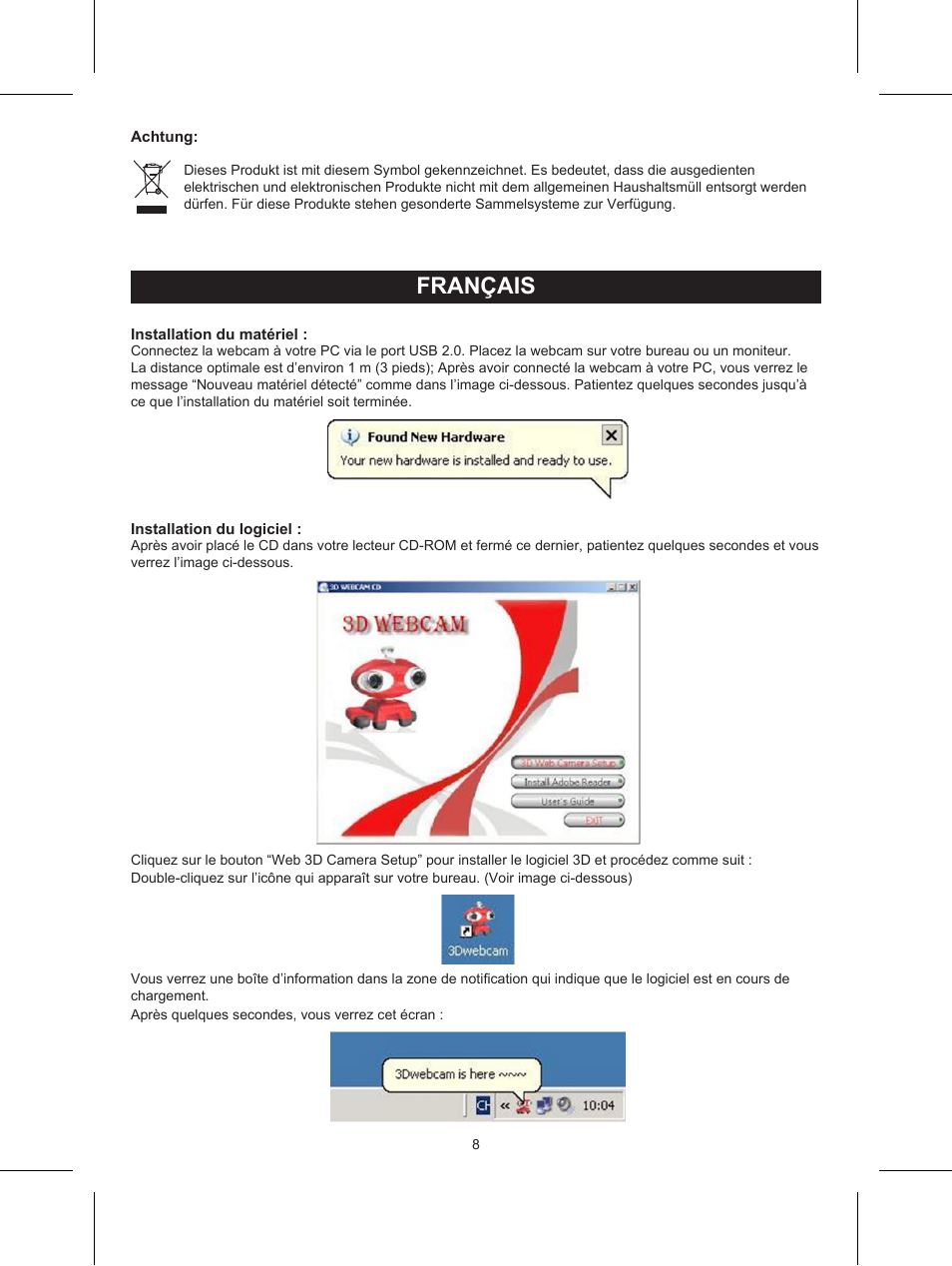 Français, Mode d’emploi (p. 8), Webcam 3d avec lunettes 3d | Konig Electronic USB 2.0 3D webcam User Manual | Page 8 / 44