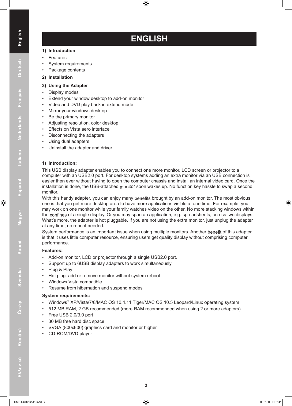 English | Konig Electronic USB 2.0 to VGA/DVI adapter User Manual | Page 2 / 73