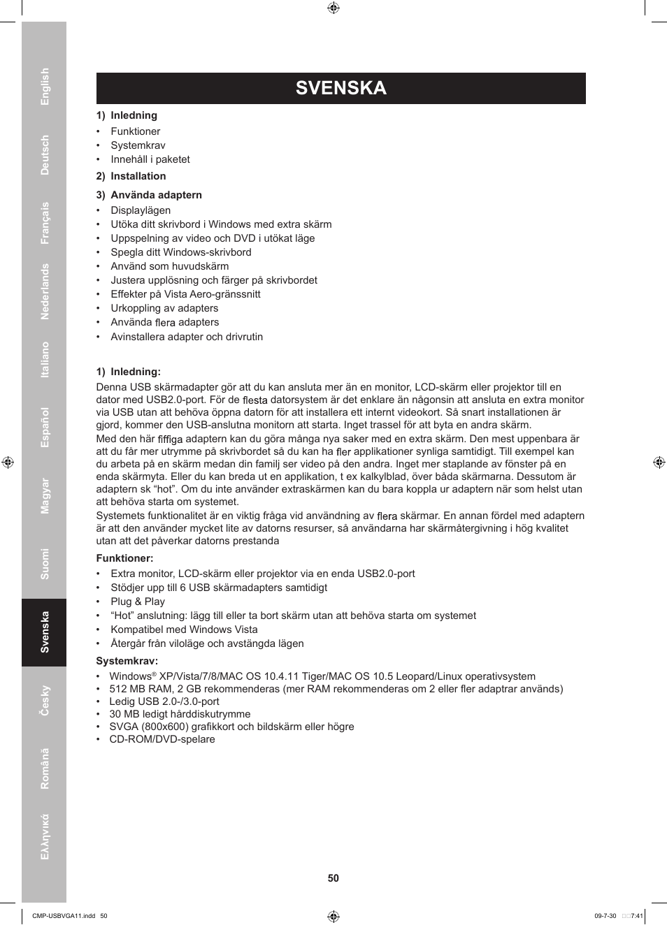 Svenska | Konig Electronic USB 2.0 to VGA/DVI adapter User Manual | Page 50 / 73