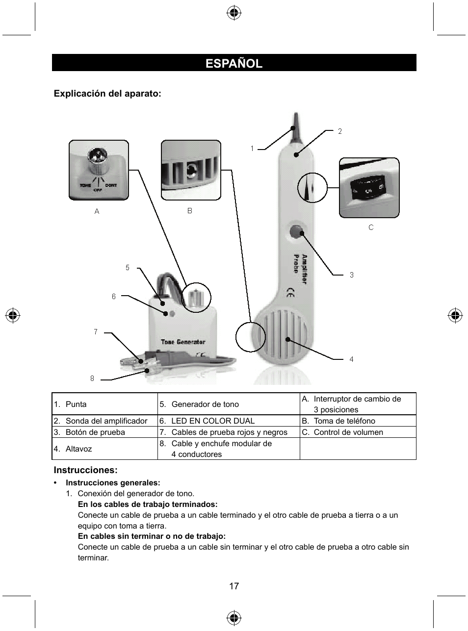 Español | Konig Electronic Tone generator with amplifier probe User Manual | Page 17 / 49