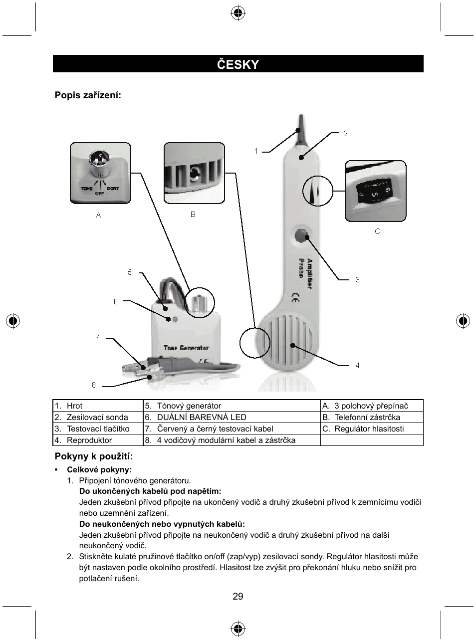 Česky | Konig Electronic Tone generator with amplifier probe User Manual | Page 29 / 49