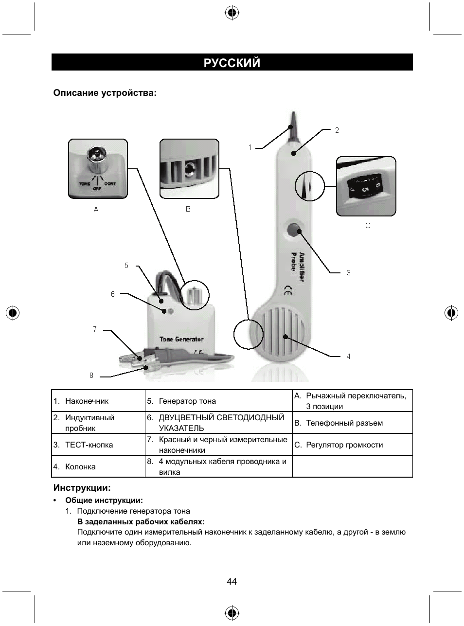 Русский | Konig Electronic Tone generator with amplifier probe User Manual | Page 44 / 49