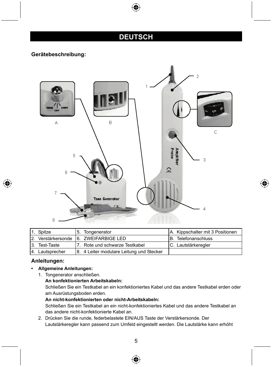 Deutsch | Konig Electronic Tone generator with amplifier probe User Manual | Page 5 / 49