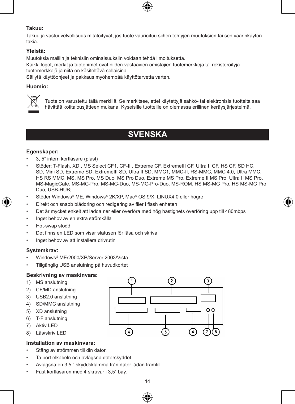 Svenska, Bruksanvisning (s. 14), Intern 3.5” kortläsare | Konig Electronic 3.5" internal cardreader User Manual | Page 14 / 21