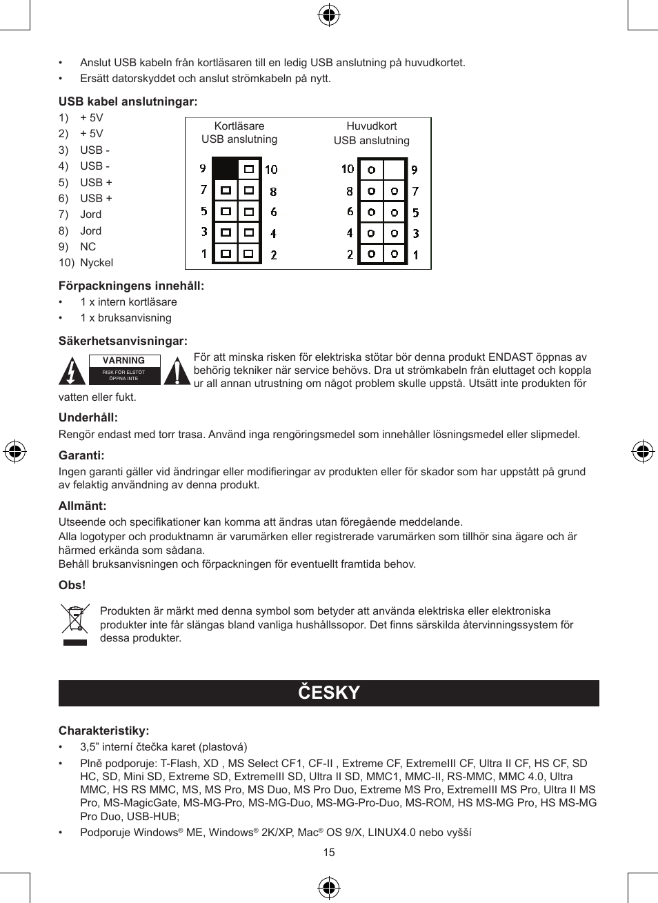 Česky, Návod k použití (s. 15), Interní 3,5” čtečka karet | Konig Electronic 3.5" internal cardreader User Manual | Page 15 / 21