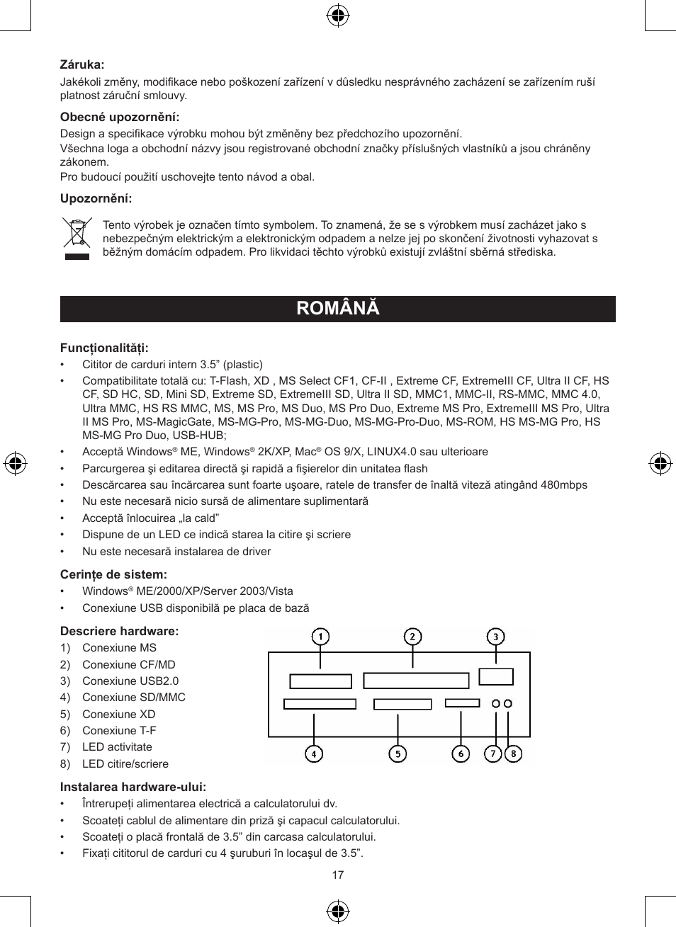 Română, Manual de utilizare (p. 17), Cititor de carduri intern | Konig Electronic 3.5" internal cardreader User Manual | Page 17 / 21