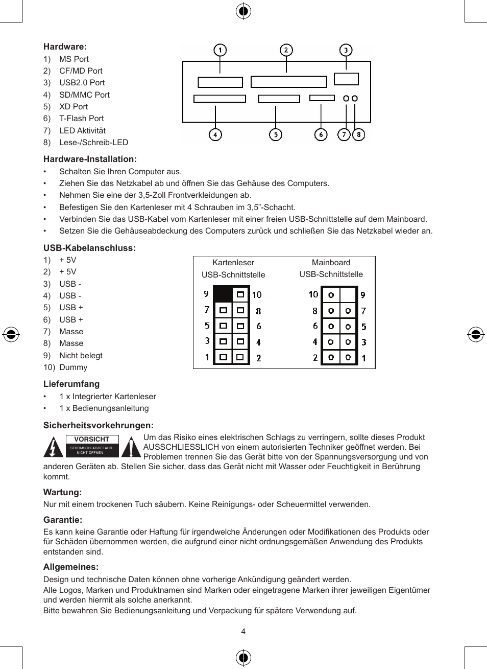 Konig Electronic 3.5" internal cardreader User Manual | Page 4 / 21