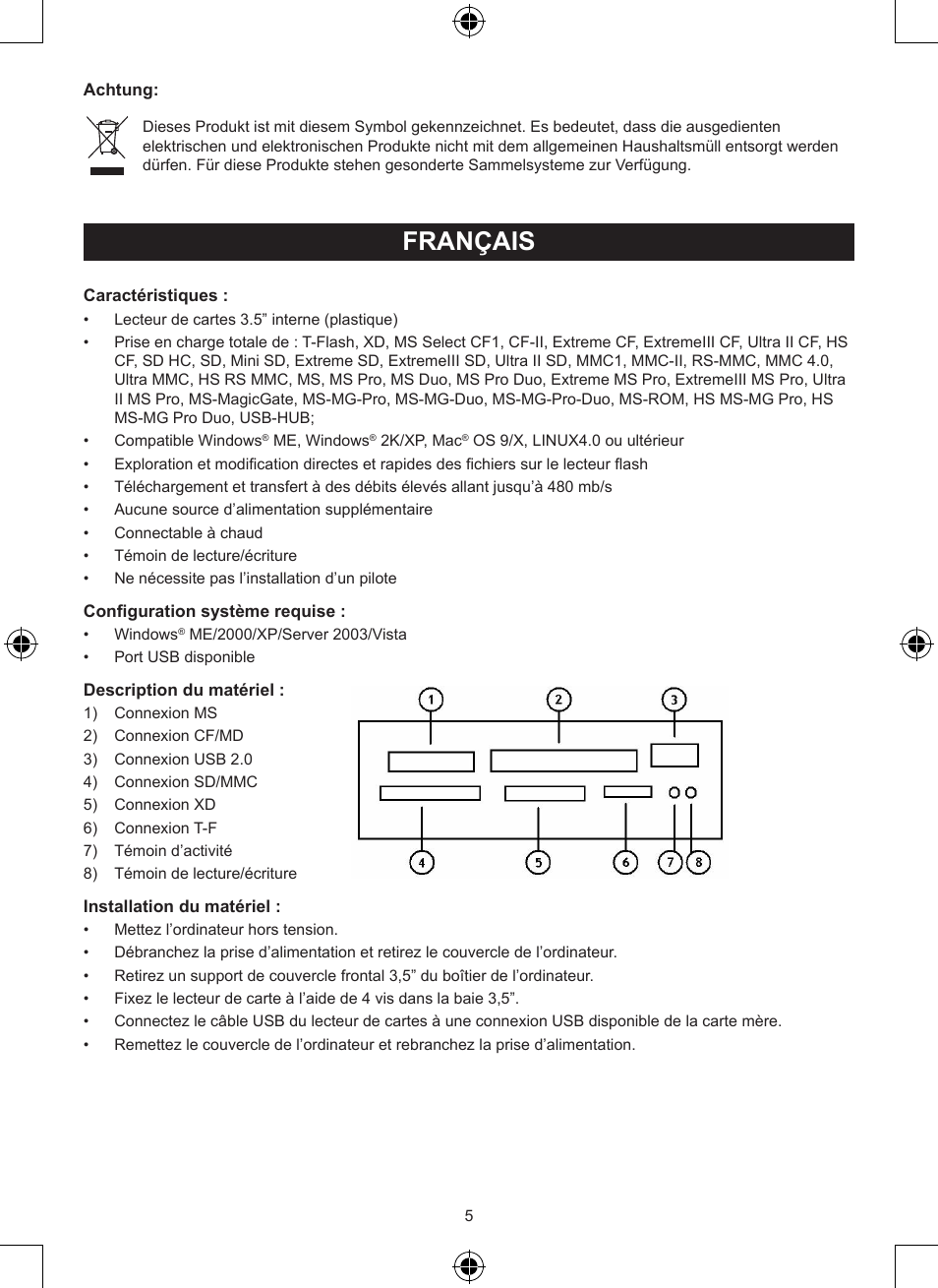 Français, Mode d’emploi (p. 5), Lecteur de cartes 3,5” interne | Konig Electronic 3.5" internal cardreader User Manual | Page 5 / 21