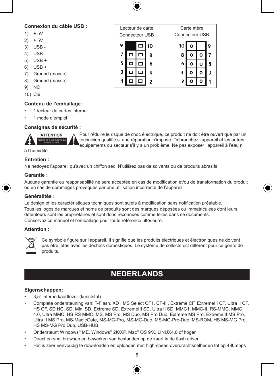 Nederlands, Gebruiksaanwijzing (p. 6), Interne 3,5” kaartlezer | Konig Electronic 3.5" internal cardreader User Manual | Page 6 / 21