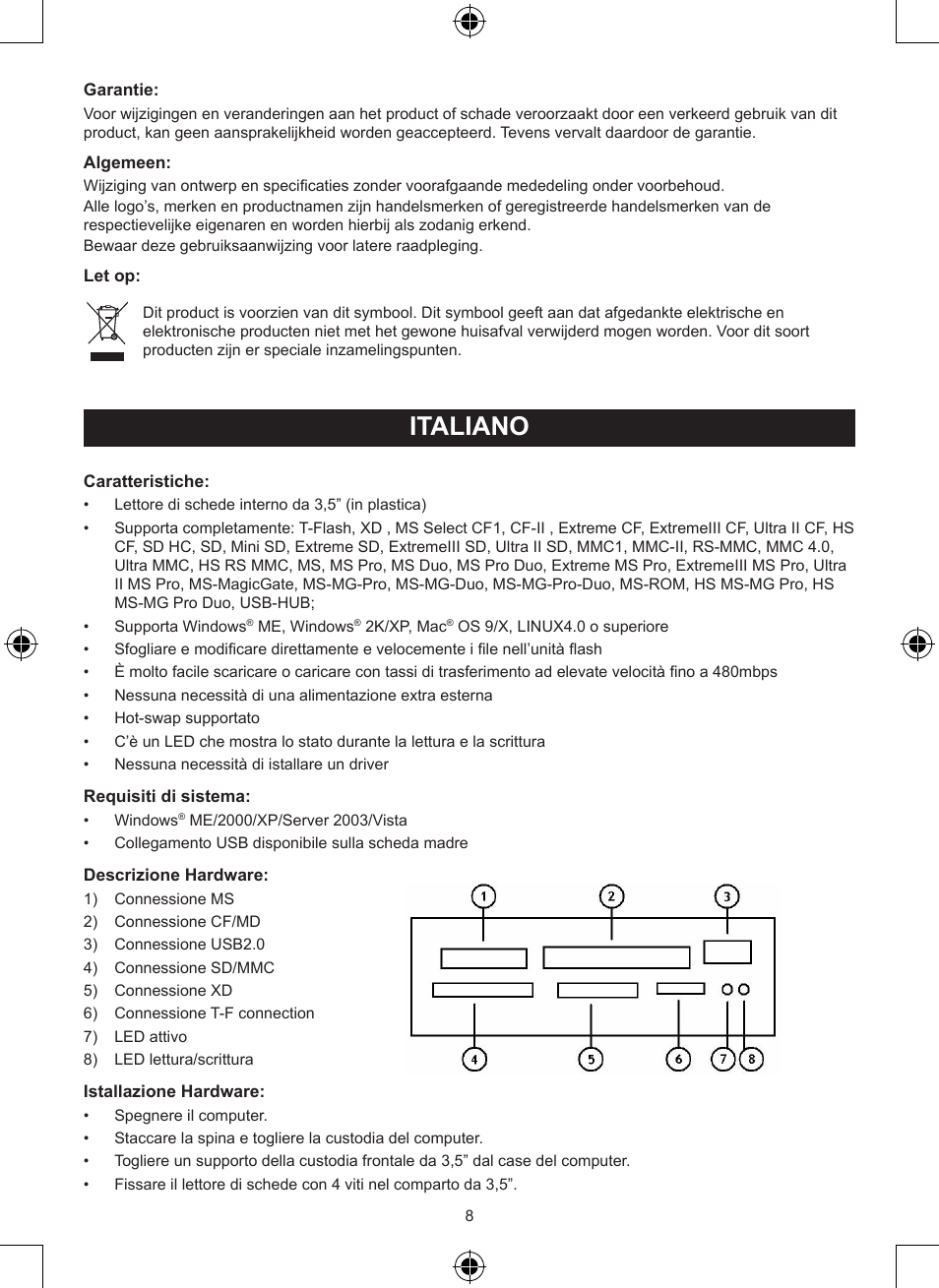 Italiano, Manuale (p. 8), Lettore interno di schede da 3,5 | Konig Electronic 3.5" internal cardreader User Manual | Page 8 / 21