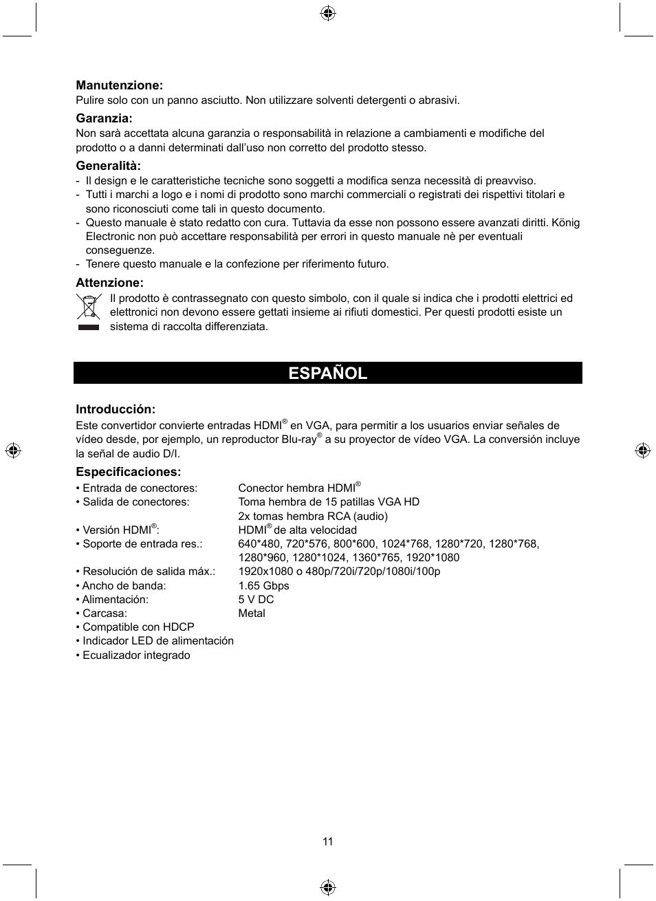 Español | Konig Electronic HDMI - VGA converter User Manual | Page 11 / 30