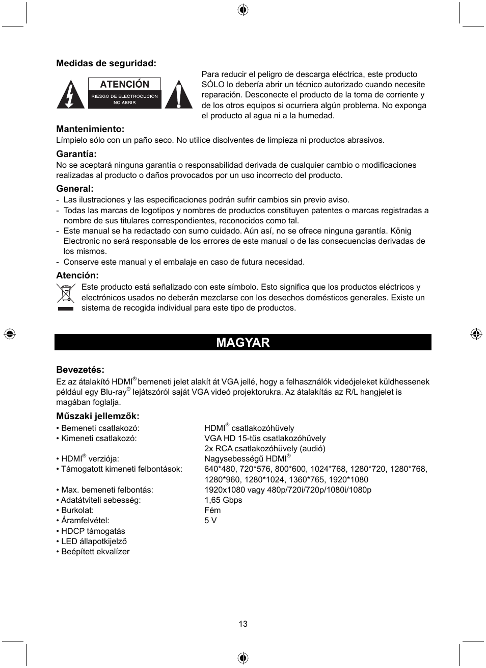 Magyar | Konig Electronic HDMI - VGA converter User Manual | Page 13 / 30