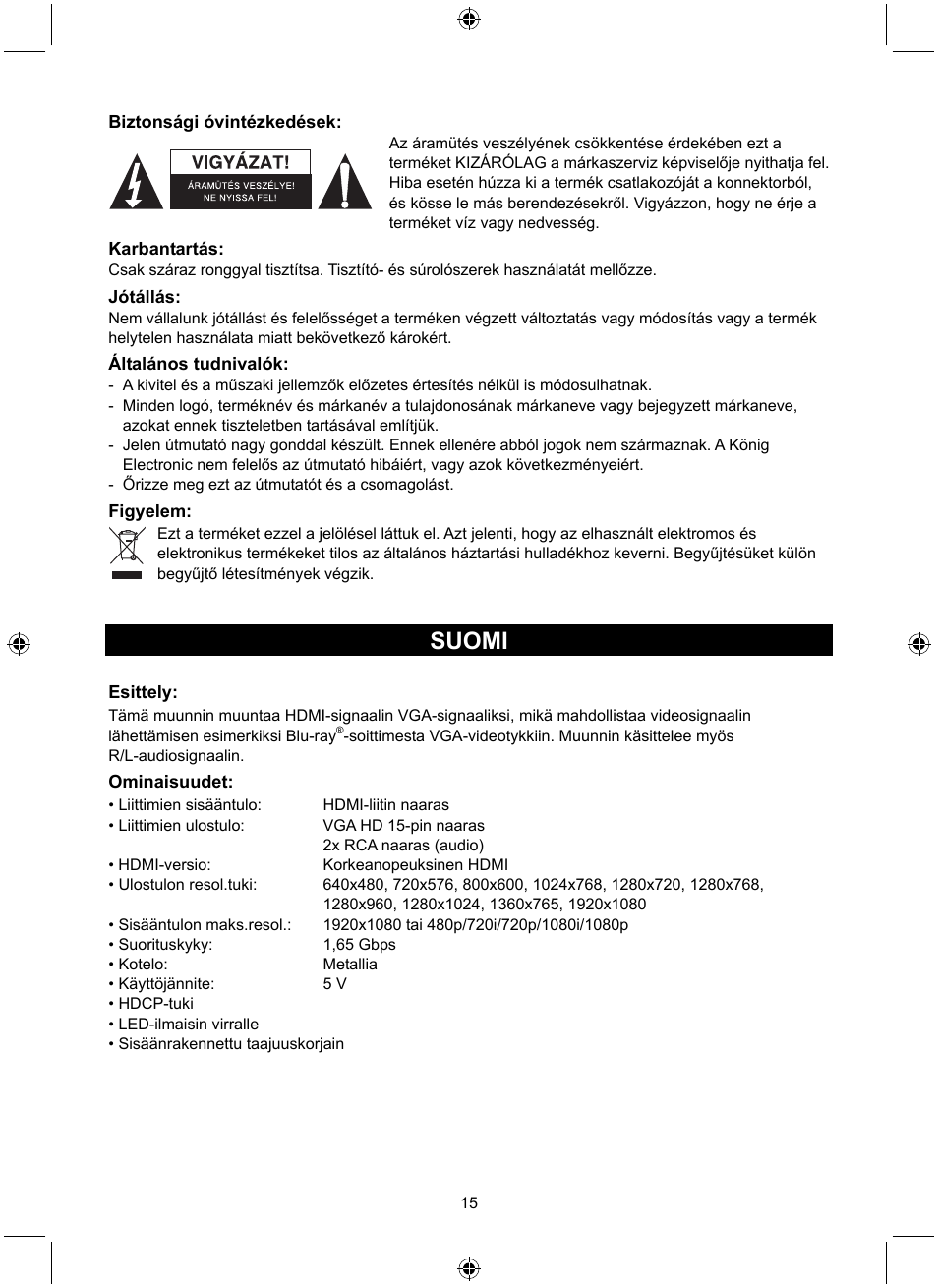 Suomi | Konig Electronic HDMI - VGA converter User Manual | Page 15 / 30