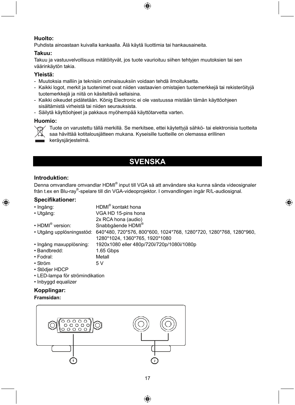 Svenska | Konig Electronic HDMI - VGA converter User Manual | Page 17 / 30
