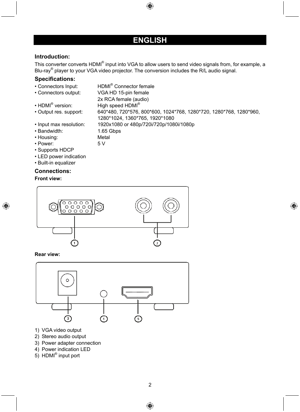 English | Konig Electronic HDMI - VGA converter User Manual | Page 2 / 30