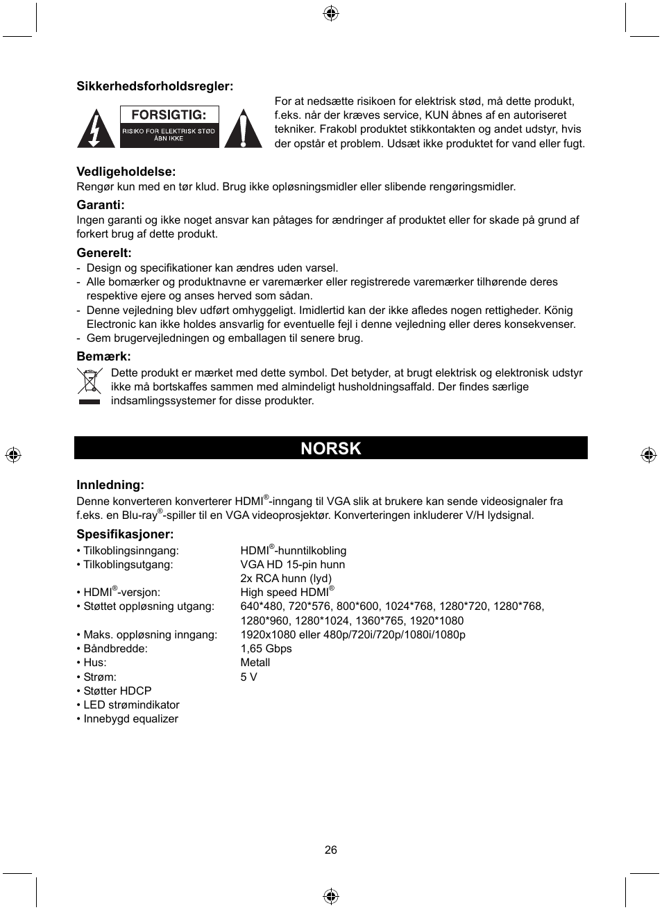 Norsk | Konig Electronic HDMI - VGA converter User Manual | Page 26 / 30