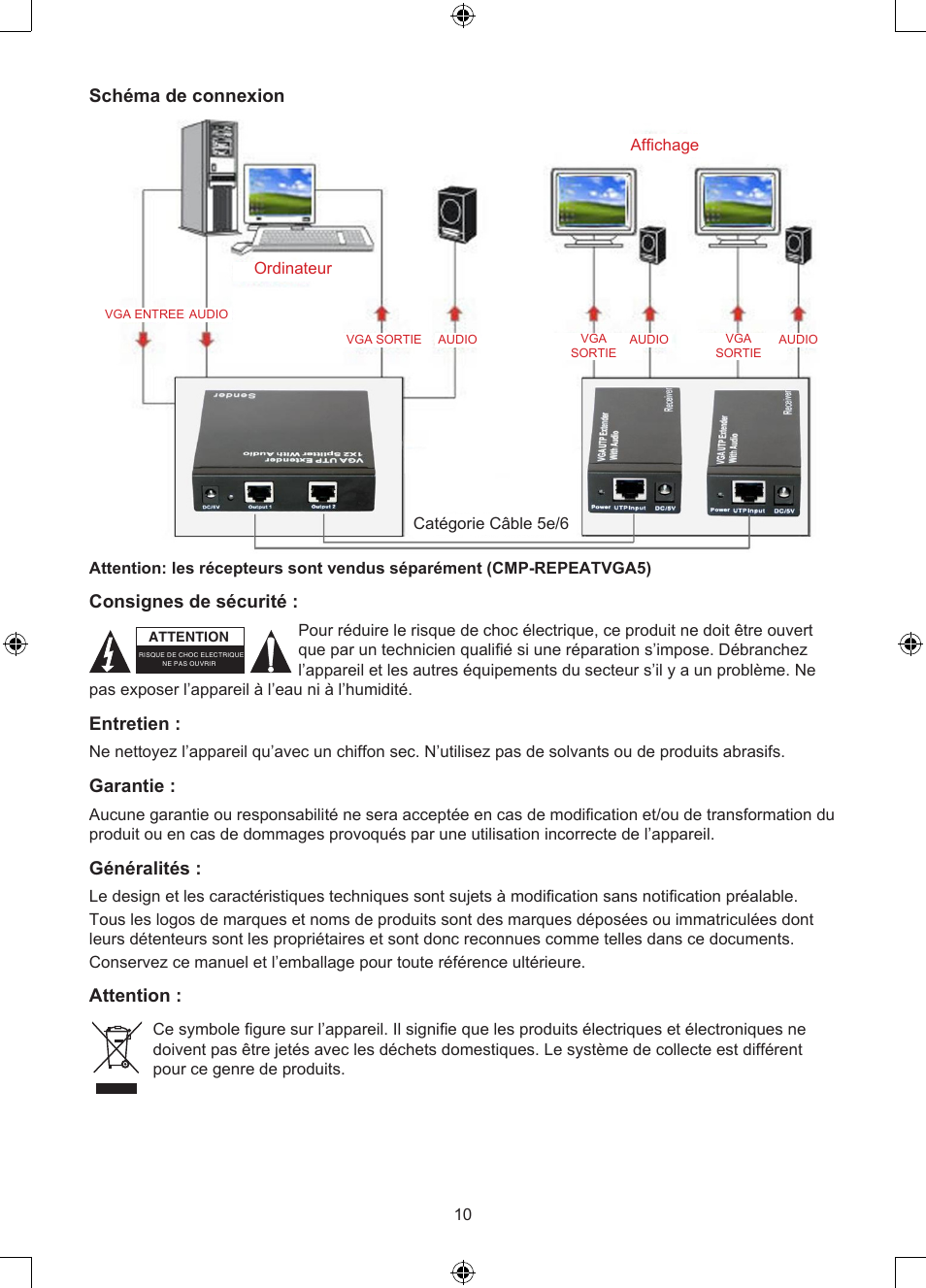 Schéma de connexion, Consignes de sécurité, Entretien | Garantie, Généralités, Attention | Konig Electronic VGA over UTP extender User Manual | Page 10 / 44