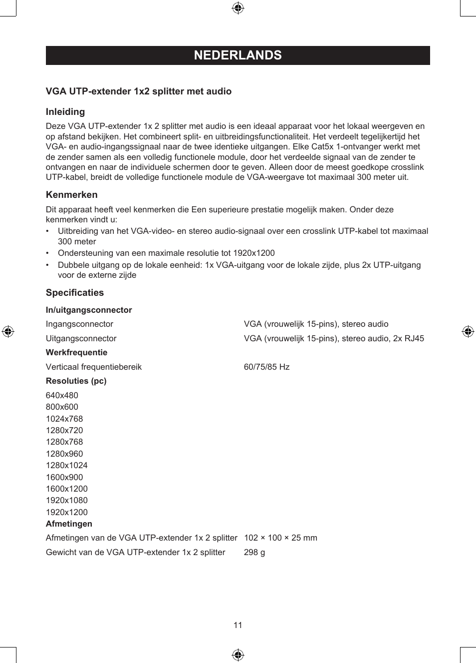 Nederlands, Gebruiksaanwijzing (p. 11), Vga over utp extender/splitter | Konig Electronic VGA over UTP extender User Manual | Page 11 / 44