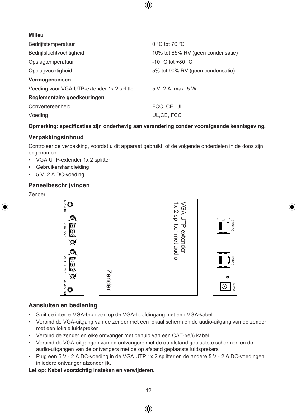 Sen de r, Zender, Verpakkingsinhoud | Paneelbeschrijvingen, Vga utp extender 1x 2 s plit te r w ith a ud io | Konig Electronic VGA over UTP extender User Manual | Page 12 / 44