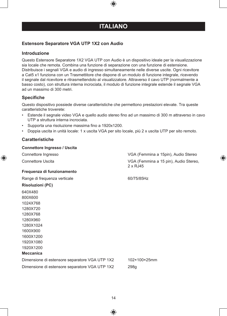 Italiano, Manuale (p. 14), Trasmettitore per estensione vga con | Cavo utp | Konig Electronic VGA over UTP extender User Manual | Page 14 / 44
