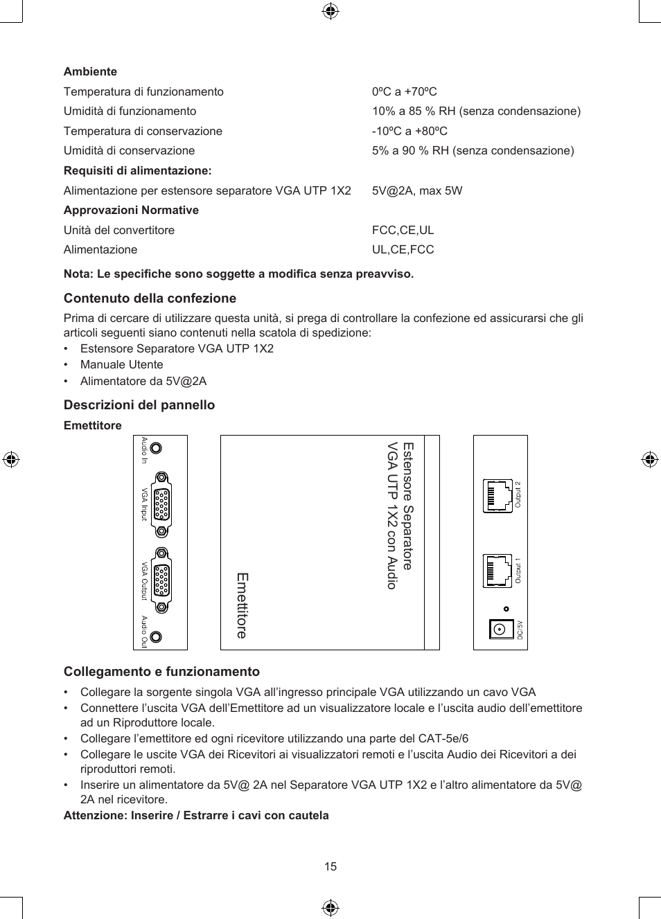 Sen de r, Emettitore, Contenuto della confezione | Descrizioni del pannello, Vga utp extender 1x 2 s plit te r w ith a ud io | Konig Electronic VGA over UTP extender User Manual | Page 15 / 44
