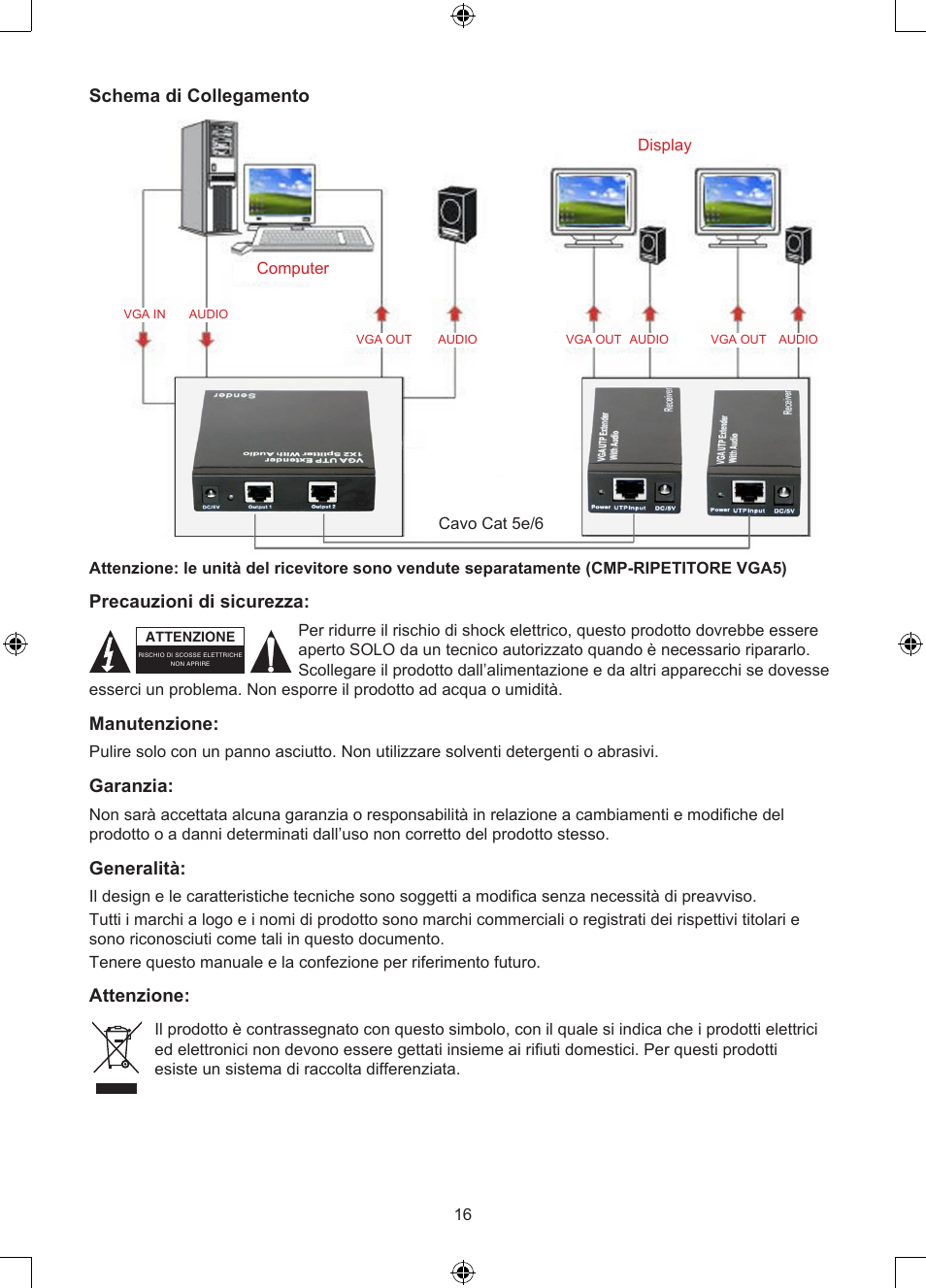 Schema di collegamento, Precauzioni di sicurezza, Manutenzione | Garanzia, Generalità, Attenzione | Konig Electronic VGA over UTP extender User Manual | Page 16 / 44