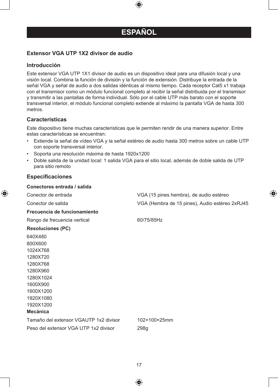 Español, Manual de uso (p. 17), Extensor/divisor vga sobre utp | Konig Electronic VGA over UTP extender User Manual | Page 17 / 44