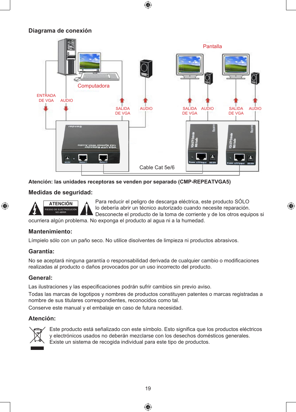 Diagrama de conexión, Medidas de seguridad, Mantenimiento | Garantía, General, Atención | Konig Electronic VGA over UTP extender User Manual | Page 19 / 44