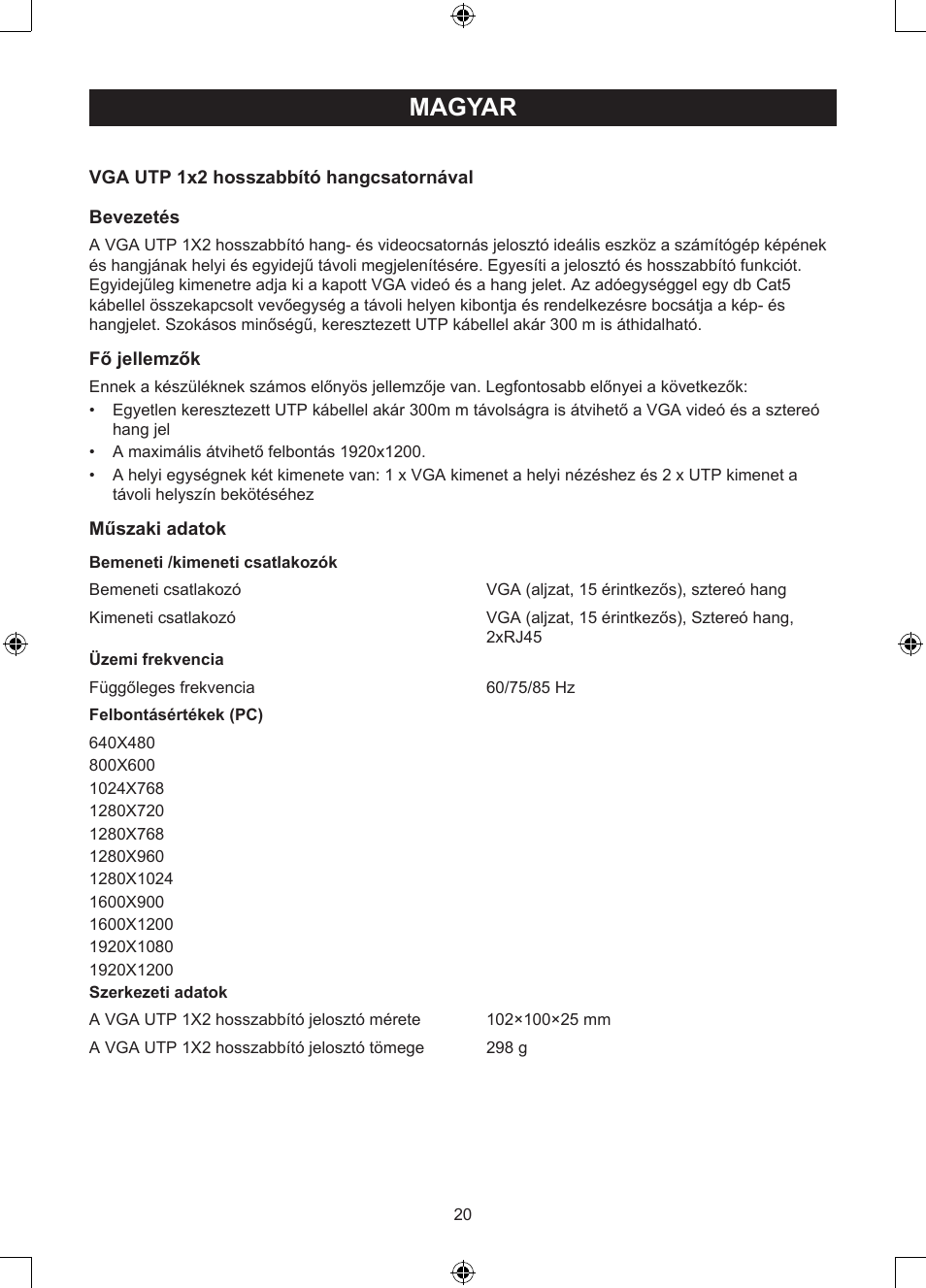 Magyar, Használati útmutató (o. 20.), Utp kábeles vga hosszabbító/jelosztó | Konig Electronic VGA over UTP extender User Manual | Page 20 / 44