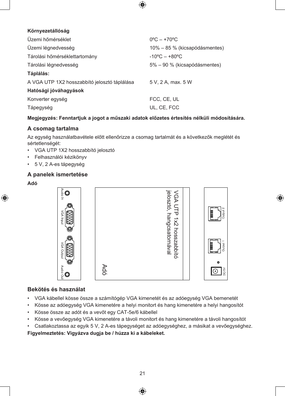 Sen de r, A csomag tartalma, A panelek ismertetése | Vga utp extender 1x 2 s plit te r w ith a ud io | Konig Electronic VGA over UTP extender User Manual | Page 21 / 44