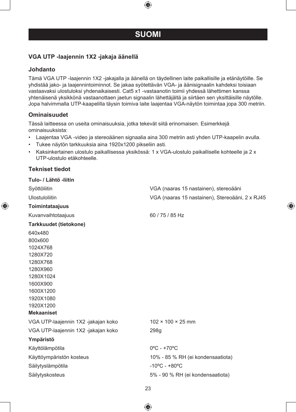 Suomi, Käyttöohje (s. 23), Vga / utp -laajennin/jakaja | Konig Electronic VGA over UTP extender User Manual | Page 23 / 44