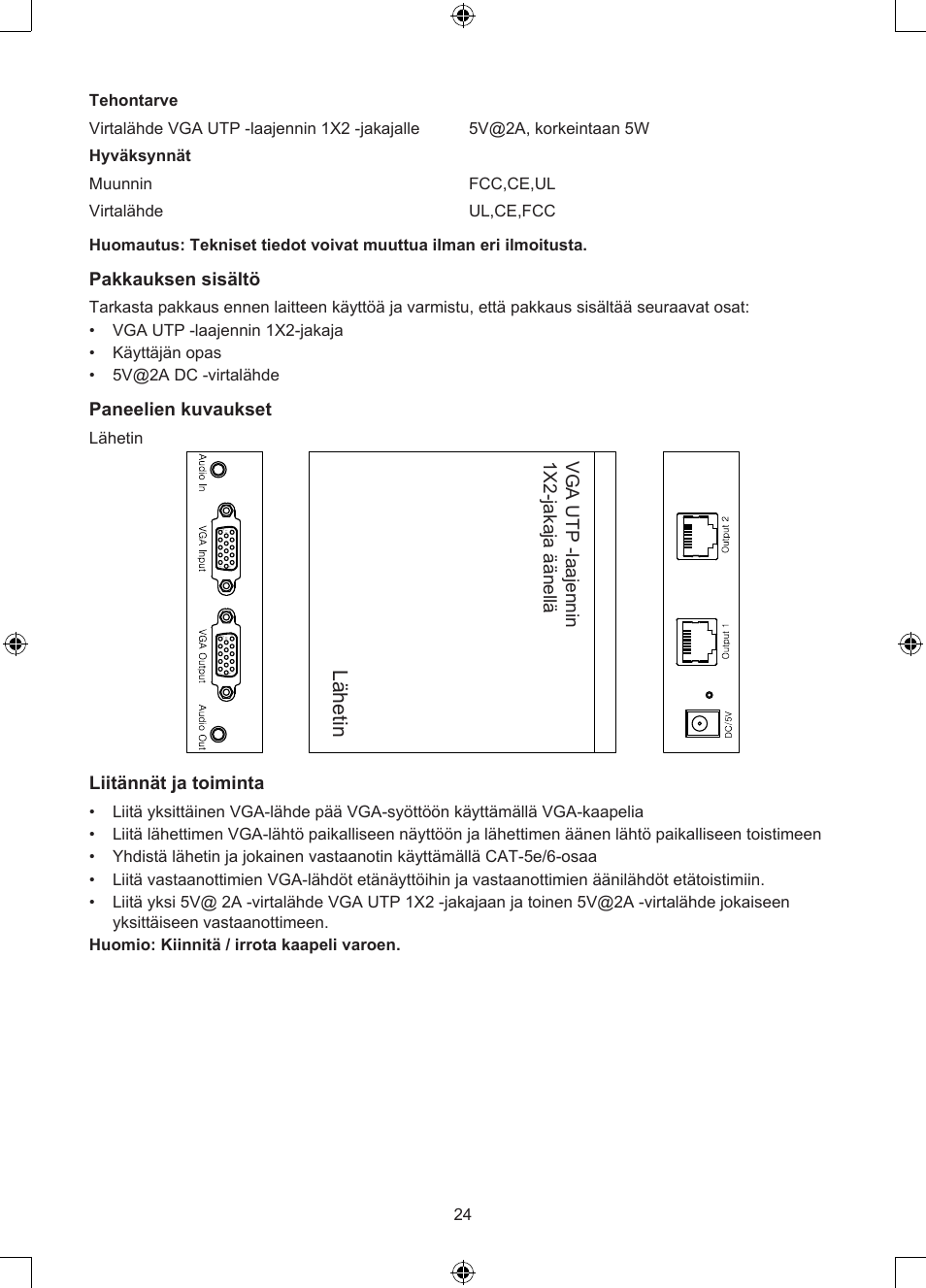 Sen de r, Lähetin, Pakkauksen sisältö | Paneelien kuvaukset, Vga utp extender 1x 2 s plit te r w ith a ud io | Konig Electronic VGA over UTP extender User Manual | Page 24 / 44