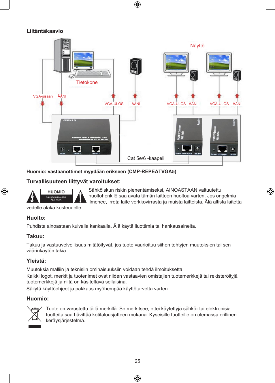 Liitäntäkaavio, Turvallisuuteen liittyvät varoitukset, Huolto | Takuu, Yleistä, Huomio | Konig Electronic VGA over UTP extender User Manual | Page 25 / 44