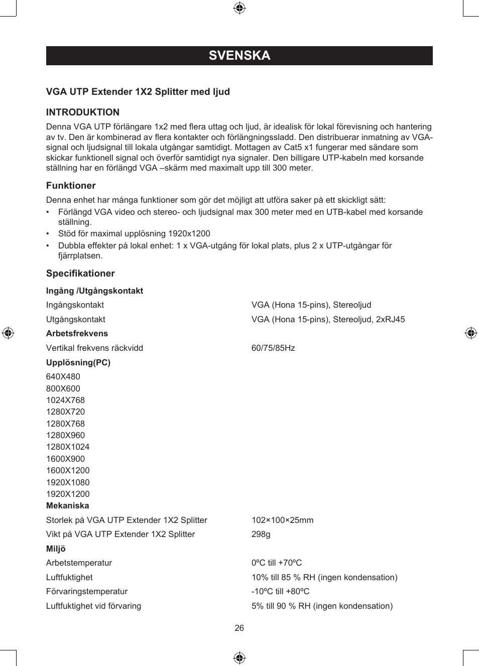 Svenska, Bruksanvisning (s. 26), Vga over utp extender/splitter | Konig Electronic VGA over UTP extender User Manual | Page 26 / 44