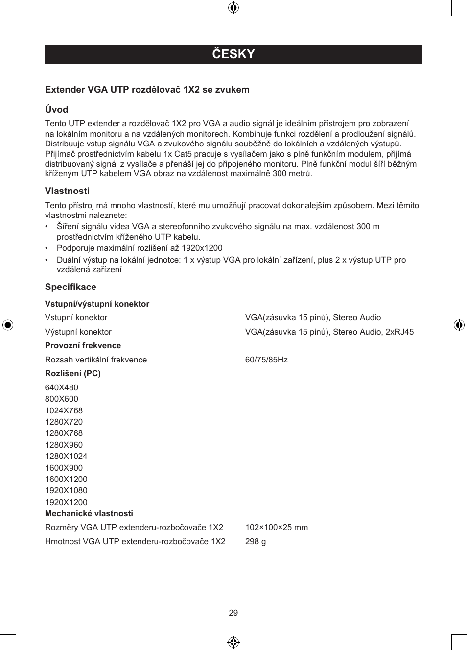 Česky, Návod k použití (s. 29), Extender/rozdělovač vga přes utp | Konig Electronic VGA over UTP extender User Manual | Page 29 / 44