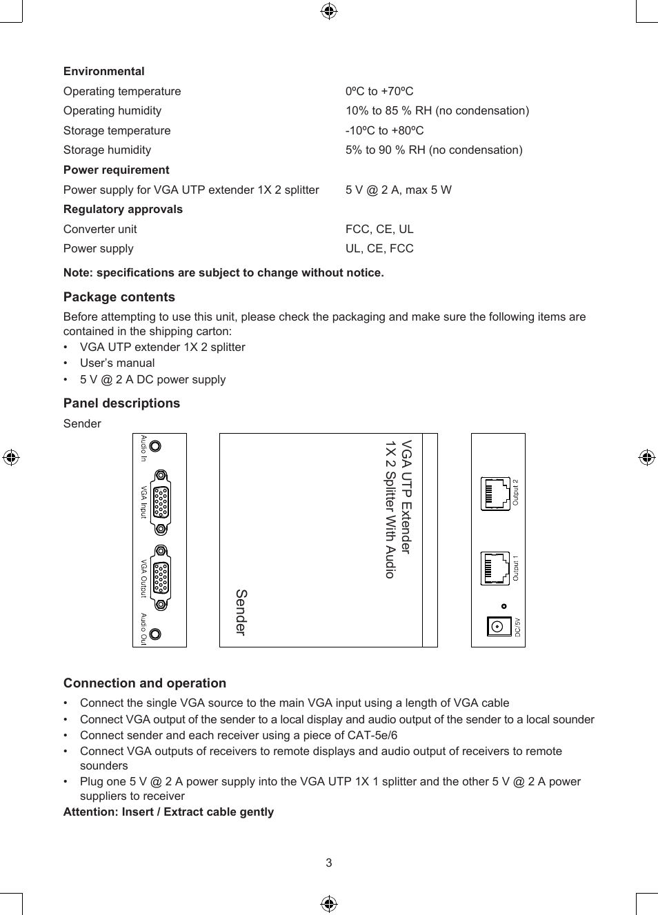 Sen de r, Sender, Package contents | Panel descriptions, Vga utp extender 1x 2 s plit te r w ith a ud io | Konig Electronic VGA over UTP extender User Manual | Page 3 / 44