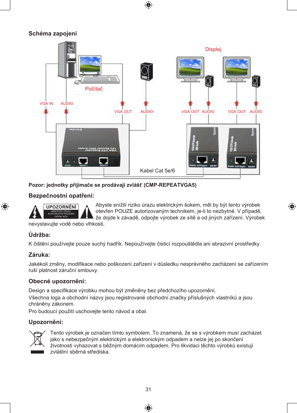 Schéma zapojení, Bezpečnostní opatření, Údržba | Záruka, Obecné upozornění, Upozornění | Konig Electronic VGA over UTP extender User Manual | Page 31 / 44