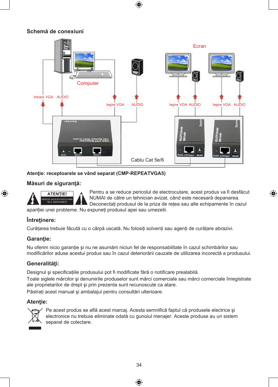 Schemă de conexiuni, Măsuri de siguranţă, Întreţinere | Garanţie, Generalităţi, Atenţie | Konig Electronic VGA over UTP extender User Manual | Page 34 / 44