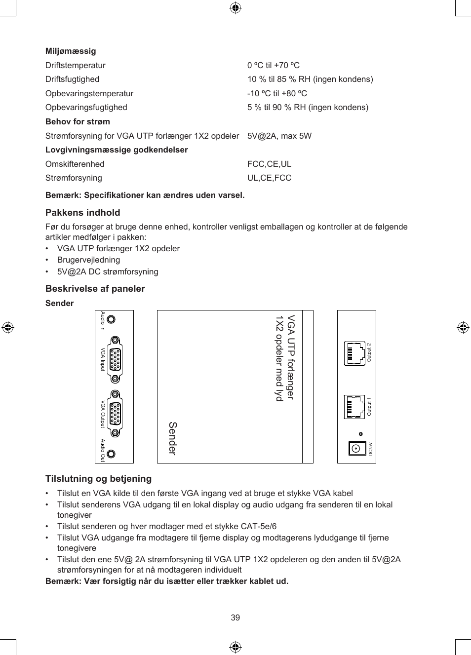 Sen de r, Sender, Pakkens indhold | Beskrivelse af paneler, Vga utp extender 1x 2 s plit te r w ith a ud io | Konig Electronic VGA over UTP extender User Manual | Page 39 / 44