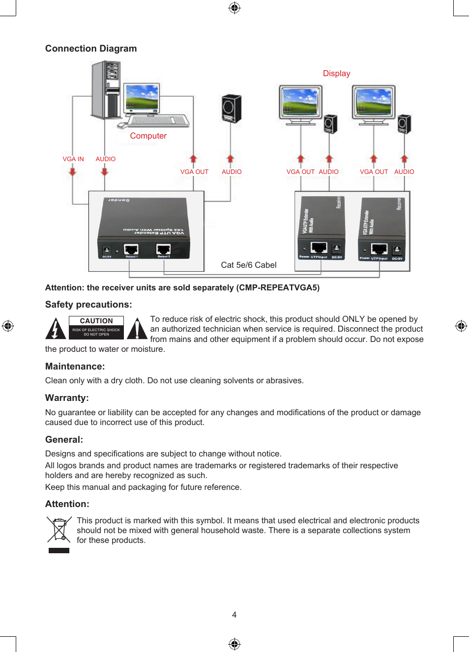 Connection diagram, Safety precautions, Maintenance | Warranty, General, Attention | Konig Electronic VGA over UTP extender User Manual | Page 4 / 44