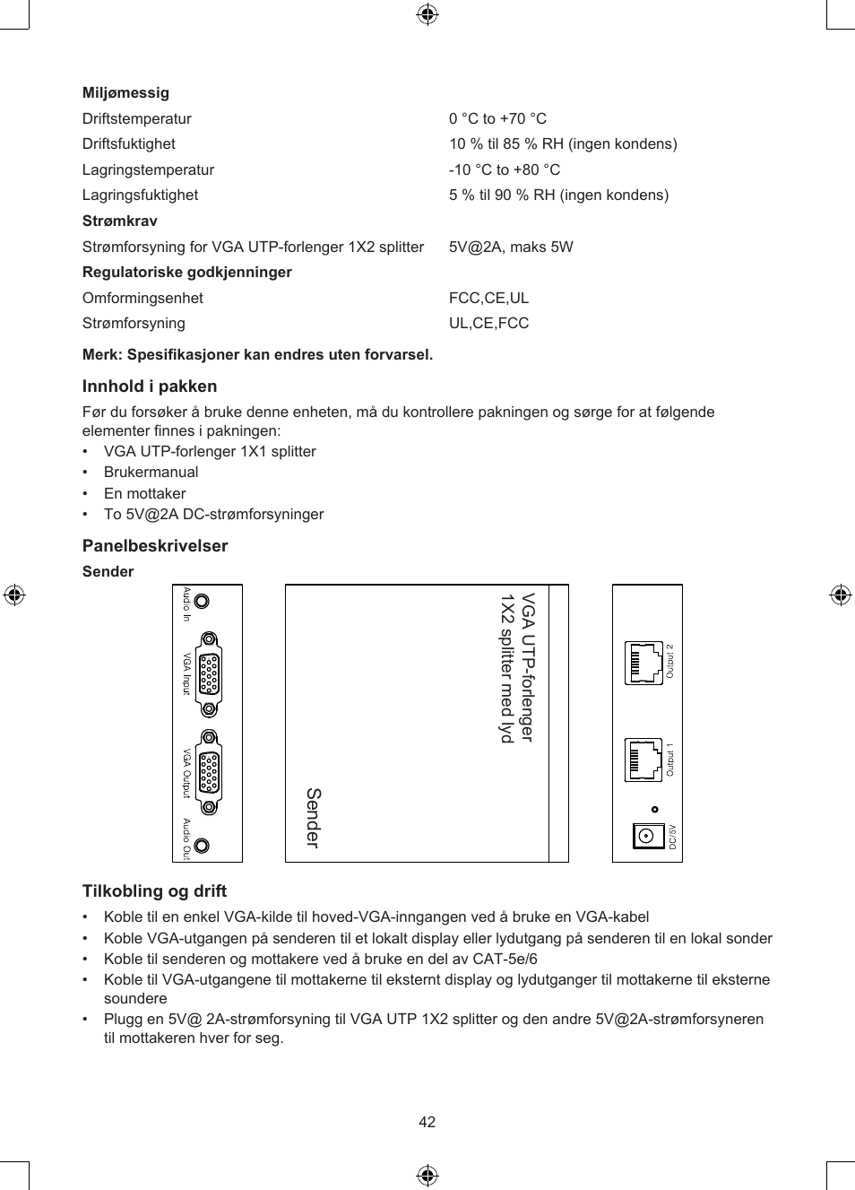 Sen de r, Sender, Innhold i pakken | Panelbeskrivelser, Vga utp extender 1x 2 s plit te r w ith a ud io | Konig Electronic VGA over UTP extender User Manual | Page 42 / 44