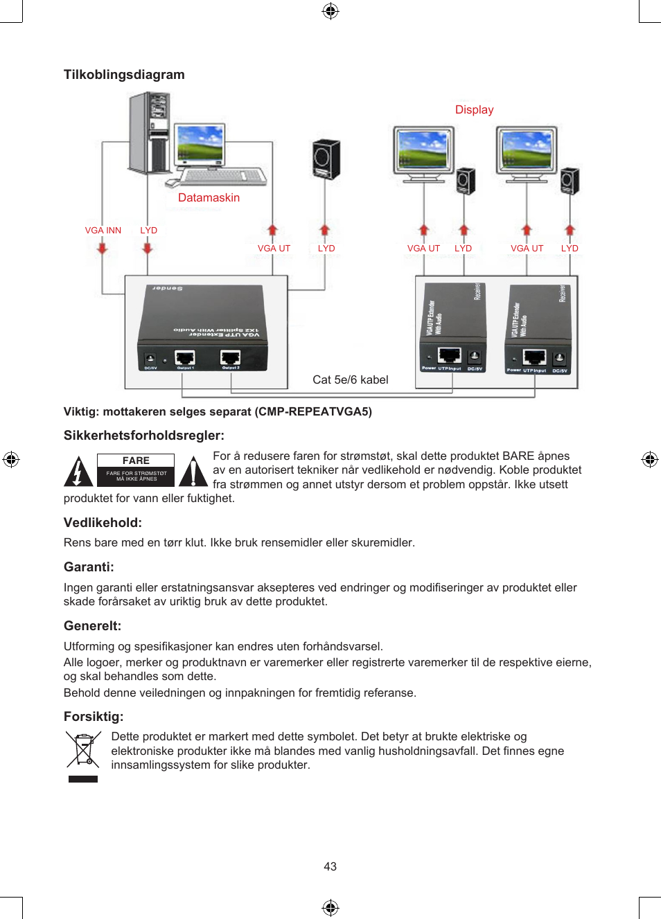 Tilkoblingsdiagram, Sikkerhetsforholdsregler, Vedlikehold | Garanti, Generelt, Forsiktig | Konig Electronic VGA over UTP extender User Manual | Page 43 / 44
