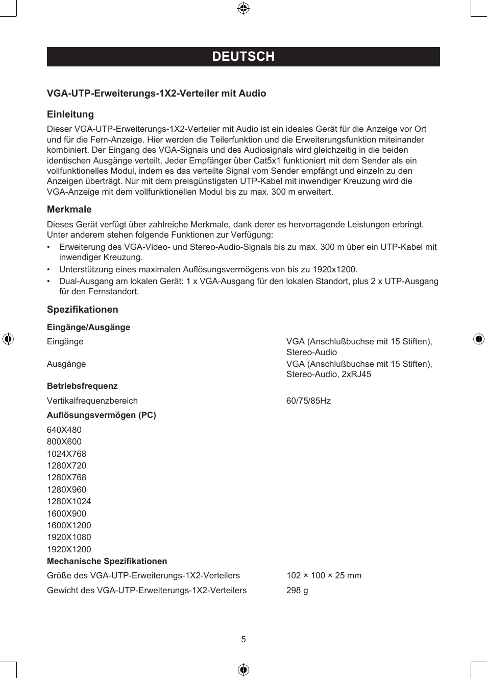 Deutsch, Anleitung (s. 5), Vga-über-utp-erweiterung/verteiler | Konig Electronic VGA over UTP extender User Manual | Page 5 / 44