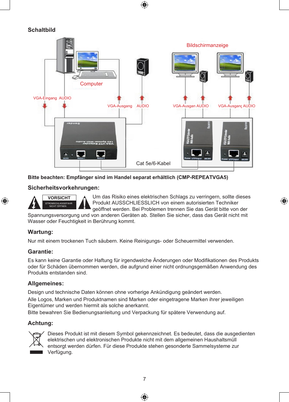 Schaltbild, Sicherheitsvorkehrungen, Wartung | Garantie, Allgemeines, Achtung | Konig Electronic VGA over UTP extender User Manual | Page 7 / 44