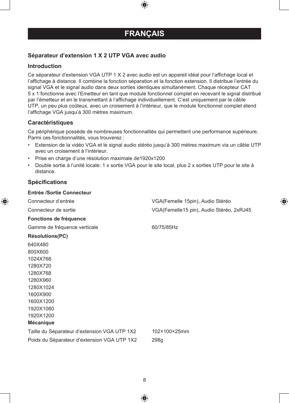 Français, Mode d’emploi (p. 8), Extension/séparation vga / utp | Konig Electronic VGA over UTP extender User Manual | Page 8 / 44