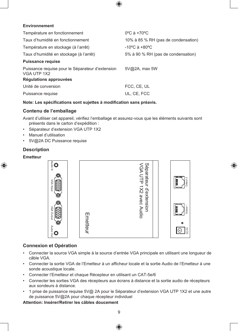 Sen de r, Emetteur, Contenu de l’emballage | Description, Vga utp extender 1x 2 s plit te r w ith a ud io | Konig Electronic VGA over UTP extender User Manual | Page 9 / 44